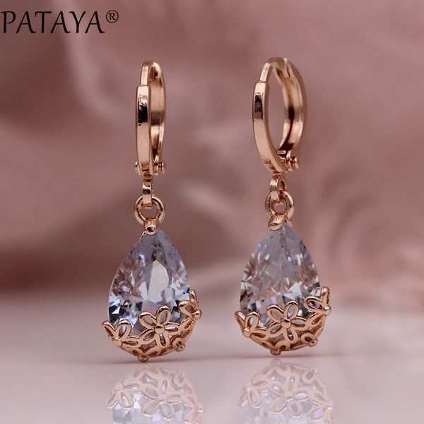 

pataya new white water drop long earrings 585 rose gold patterned asymmetry cute dangle earrings women wedding fashion jewelry, Silver