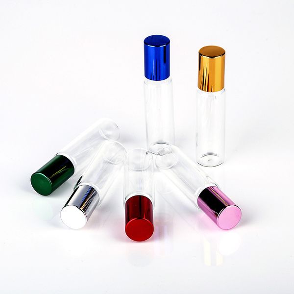 

10ml clear glass roll on packaging bottle with colorful aluminum cap empty fragrances perfume essential oils bottle wholesale
