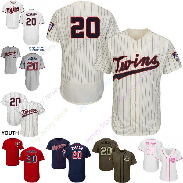 

2019 Minnesota 20 Eddie Rosario Jersey Twins Jerseys Cool Base Flexbase Home Away White Black Red Grey Pullover Button Men Women Youth