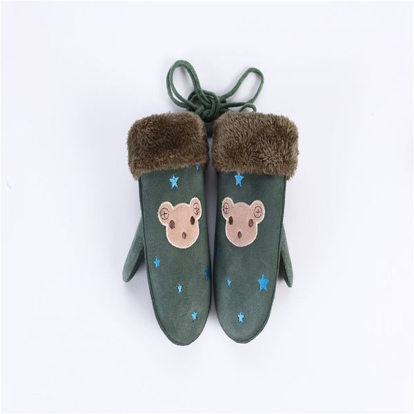 

winter warm gloves kids cartoon bear mittens knitted thicken full finger gloves childrenwarm full finger with long rope, White