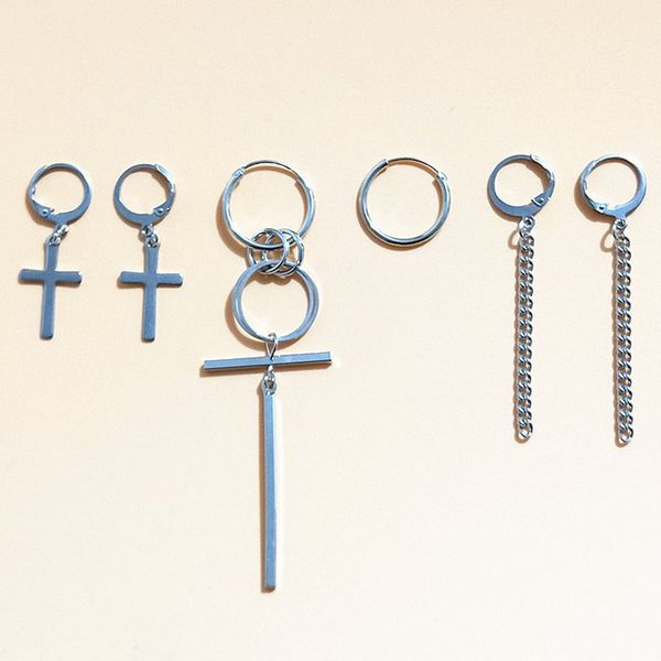 

boys star celebrity style ear stud korean-style hip hop simple chain cool earrings clip-on 6-piece set, Silver