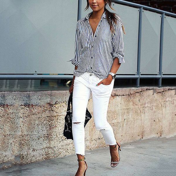 

womens women t shirt long sleeved striped long sleeved womens collar shirt to brussels womens spring autumn striped leisure, White