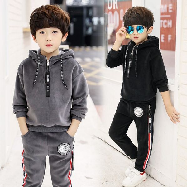 

children's clothing boy autumn and winter sweater + trousers suit new jacket sports pants thick gold velvet coat two-piece, White