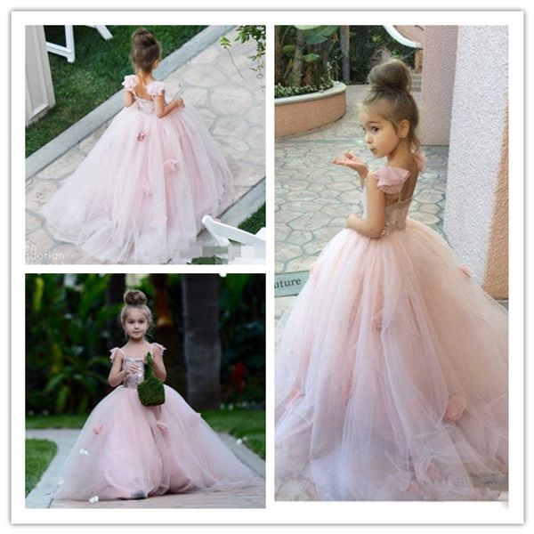 

blush pink flower girls dresses appliques spaghetti straps ball gown ruffles tulle pageant dresses for girls long girl dresses for wedding, White;blue