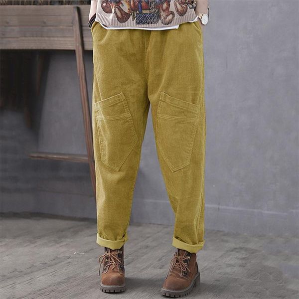 

plus size zanzea spring corduroy pants women casual vintage solid elastic waist long turnip trousers pantalon female palazzo, Black;white