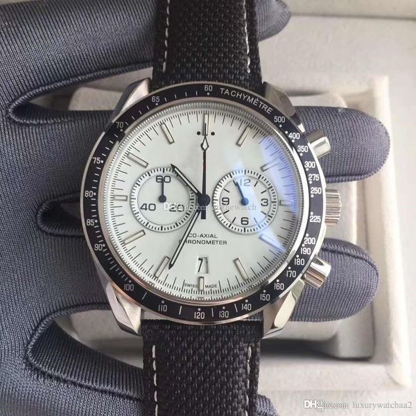 

luxury master sports men watch black coated nylon fabric strap foldover clasp 44 mm vintage quartz chronograph speed mens watches wristwatch, Slivery;brown