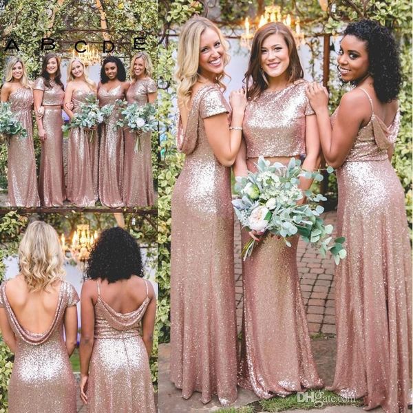 Sparkly Rose Gold Sereia Vestidos de Dama de Honra 2019 Barato Novo Mangas Curtas Backless Long Beach Lantejoulas Maid of Honor Vestidos de Dama de Honra