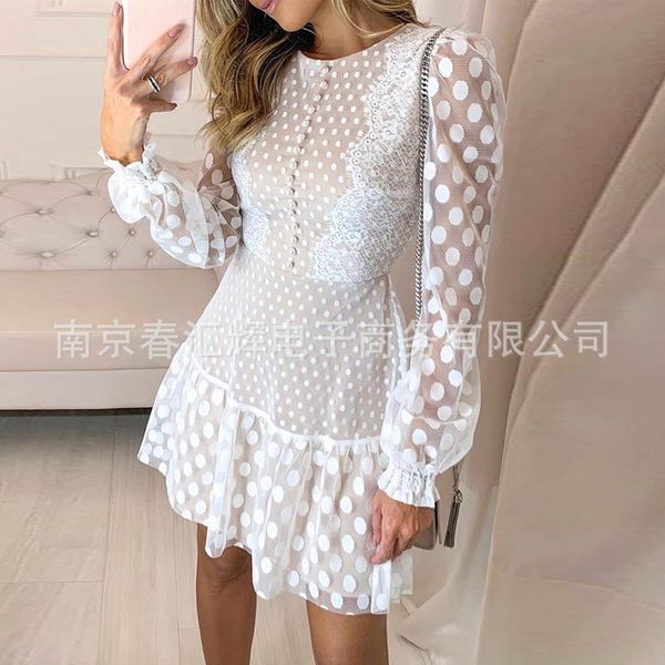 

new style women's autumn and winter polka dot stitching lace long sleeve dress