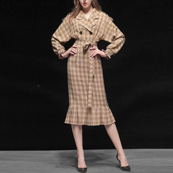 

banulin desinger plaid winter mermaid dress vintage elegant notched cotton blendins office work vestidos double breasted, Tan;black