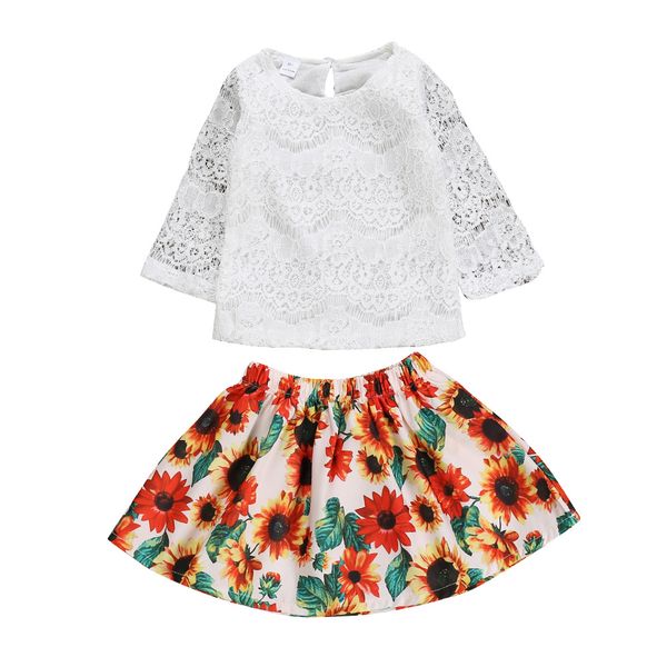 

kids toddler skirt sets for baby girls long sleeve lace + sunflower tutu skirts spring outfits clothes set, White