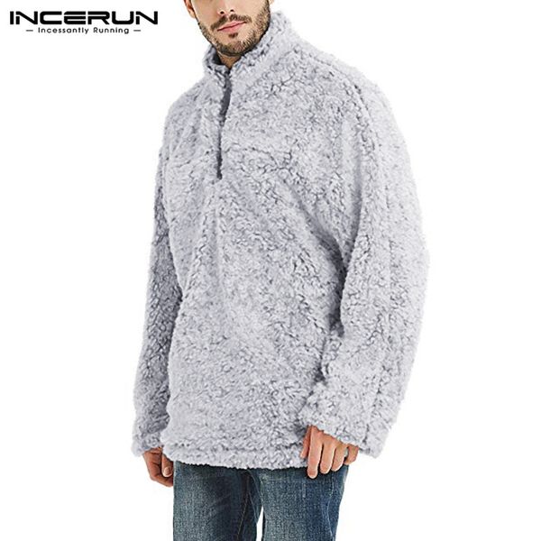 

incerun thermal outerwear men long sleeve pure color collar sweatshirt harajuku zipper furry plush mens pullovers joggers 2019, Black