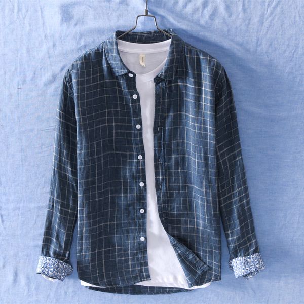 

2019 men's literaly style long sleeve plaid shirts with design cuff 100% linen causal shirt men white blue summer shirt for male, White;black