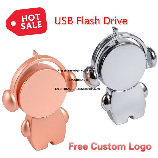 Ücretsiz Özel LOGO Sevimli Metal Karikatür 32GB / 64GB Music Man USB Flash Sürücü 16GB Pen Drive Flaş Bellek Çubuğu 8G / 128GB U Disk