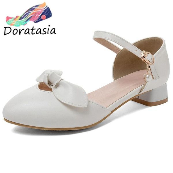 

doratasia sweet women pointed toe butterfly knot pearl med heel solid shoes party dress sandals women summer sandals, Black
