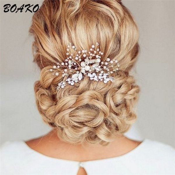 

boako trendy pearl hair combs wedding bridal hair jewelry ornaments handmade head piece decoration party accessories tiara, Golden;white
