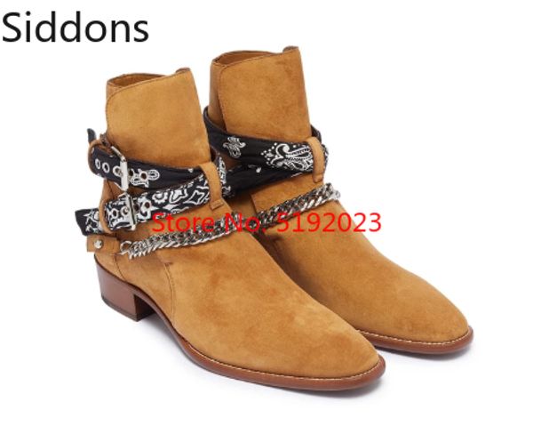 

men's ankle chain straps boots genuine leather iron chains harness strap ankle boots men zapatos de hombre d310, Black