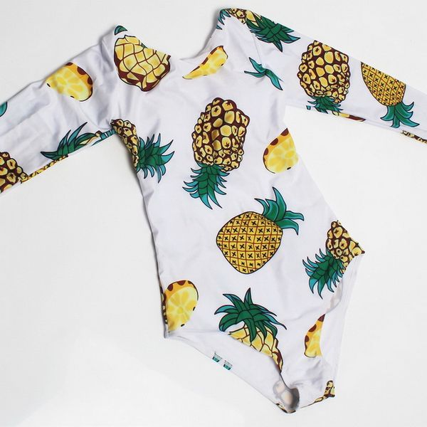 

2019 summer long-sleeved swimwear bodysuit pineapple print bathing suits women body swimsuits one piece for surfing swimming, White;black