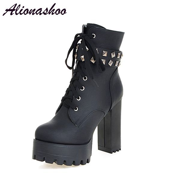 

alionashoo large size 48 brand designers 2018 new women shoes black thick high heels boots lacing platform ankle boots chunky