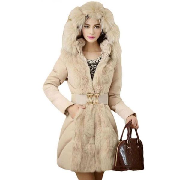 

brand fashion women elegant winter warm down jacket parka fur ladies slim hoodies long coat belt manteau femme female, Black;brown
