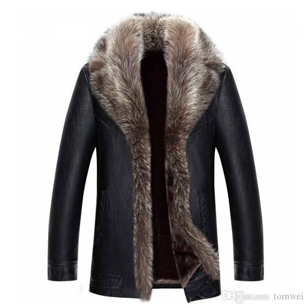 

mens winter coat fur inside leather jacket real raccoon fur hood luxury outwear overcoat warm thickening plus size 4xl 5xl 2017 hot, Black