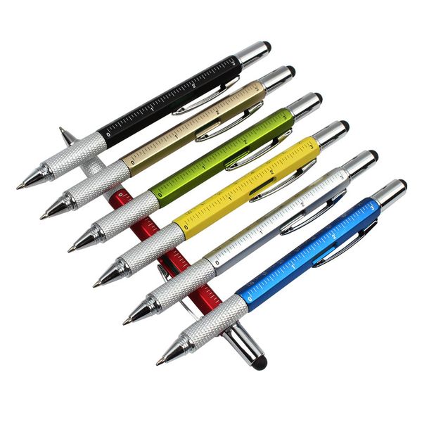 

6 in 1 ballpoint pen gifts screwdriver office tool novelty multifunction smooth writing metal ruler stylus school office supplie stationery, Blue;orange