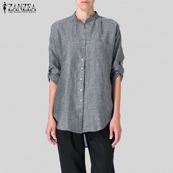 

women's blouses & shirts spring 3/4 sleeve blouse zanzea women casual v neck work shirt elegant solid asymmetrical blusas female tunic, White