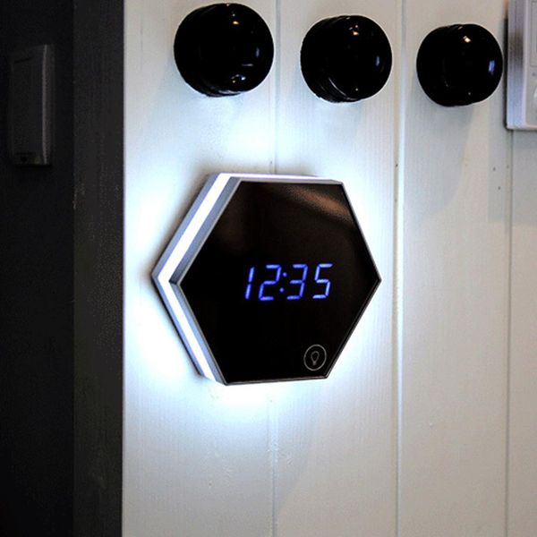 

hexagon shape electronic multifunction led night light wall clock mirror digital display alarm clock light-emitting home decor