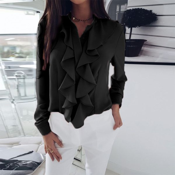 

women's blouses shirts wear for work occupation plus size black women clothing women long sleeves lotus leaf edge v collar shirt om875, White