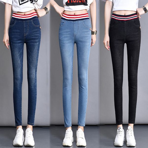 

womens skinny denim jeans elastic waist band high waist stretch pencil denim pants black blue trousers plus size