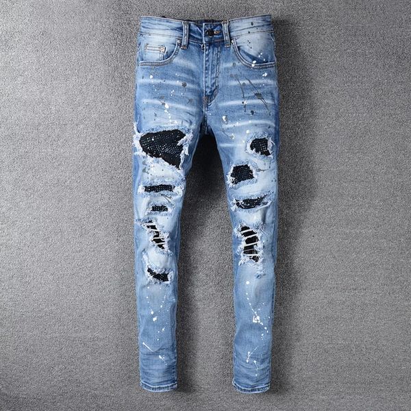 

men jeans brand blue elastic destroyed ripped biker jeans men patches broken pants hip hop skinny homme 563