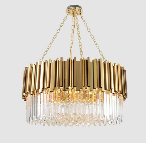 Modern candelabro de cristal Lâmpada de luxo Cadeia Sala de ouro Rodada de aço inoxidável Lustres Iluminação LLFA