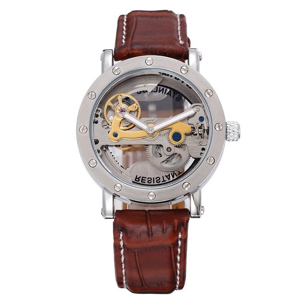 

shenhua men's bridge analog display mechanical watch skeleton automatic self wind male clock leather strap relogio masculino, Slivery;brown