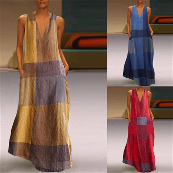 

retro lattice sleeveless women dress casual fashion v neck designer new spring summer female clothing loose home pocket dress, Black;gray