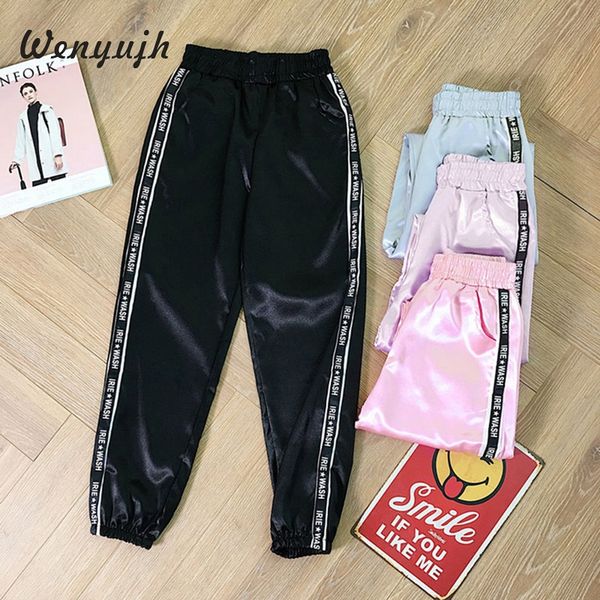 

wenyujh women elastic waist harem pants 2020 autumn fashion women glossy sport ribbon trousers harajuku joggers solid pants, Black;white