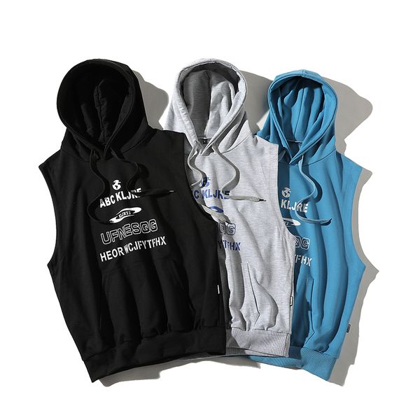 

men' hoodie casual men, men' sleeveless jacket vest, monogrammed sleeveless hoodie cool street style men hip hop, White;black