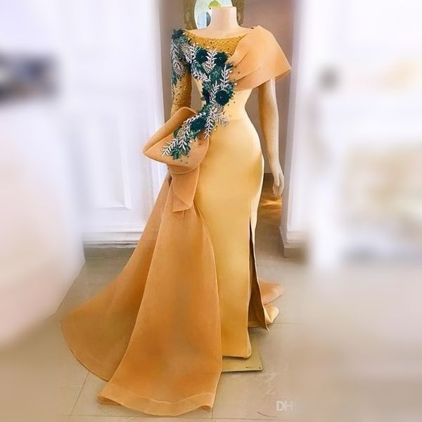 Gold One Shoulder Ballkleider U-Ausschnitt Applikationen Blumen Meerjungfrau Abendkleider Side Split Big Bow Dubai Formelle Partykleider