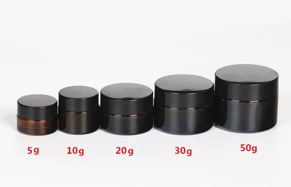 

10pcs/lot 5g 10g 20g 30g 50g glass jars for cosmetics amber glass cream jars cosmetic packaging with lid black plastic caps