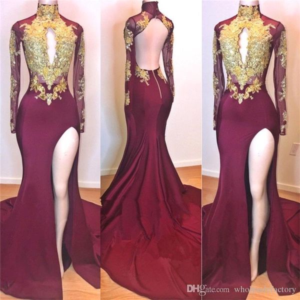 

burgundy high neck long sleeves mermaid prom dresses gold applique high side split backless sweep train evening gowns formal party dresses, Black