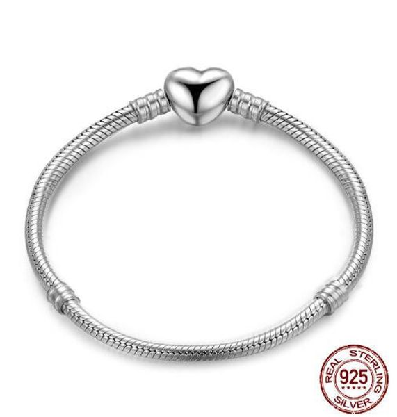 

original 925 sterling silver bracelet love heart clasp snake chain bracelet bangle fit women bead charm diy fashion jewelry, Golden;silver