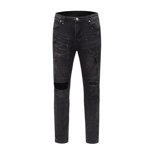 

high street splash ink wash hole jean pants mens personality washed slim frayed denim trousers hip hop ripped jeans men, Blue
