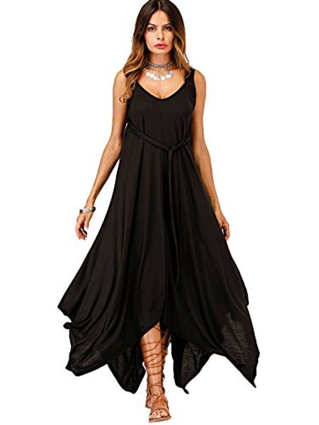 

women's casual tie detail open back hanky hem flare long dress black, Black;gray