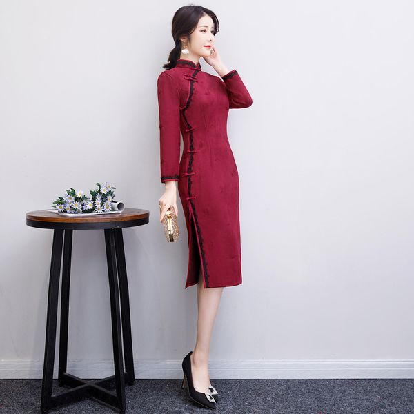 

2019 fashion knee length cheongsam chinese style mandarin collar dress womens winter suede qipao slim party dresses vestido, Black;gray