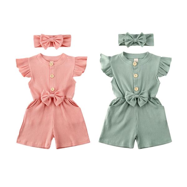 

2pcs kid baby girl clothes fly-sleeve knitted romper jumpsuit headband outfit, Blue