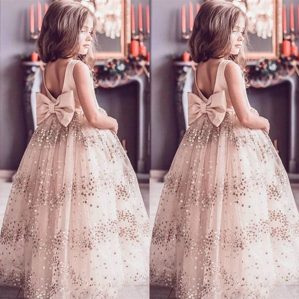 Champagne Lantejoulas 2019 Flor Gilr Vestidos Arco vestido de Baile Vestidos de Casamento Da Menina Do Vintage Bonito Da Criança Pageant Vestidos Vestidos