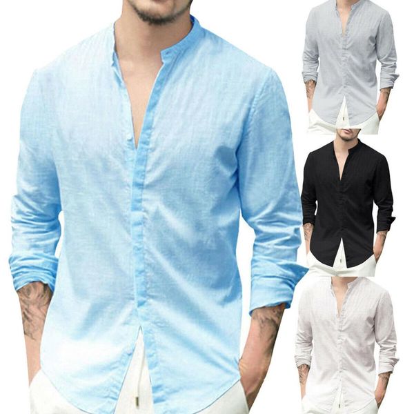 

men's casual shirt cotton linen shirt 2019 new solid v neck long sleeve slim solid color s-xl, White;black