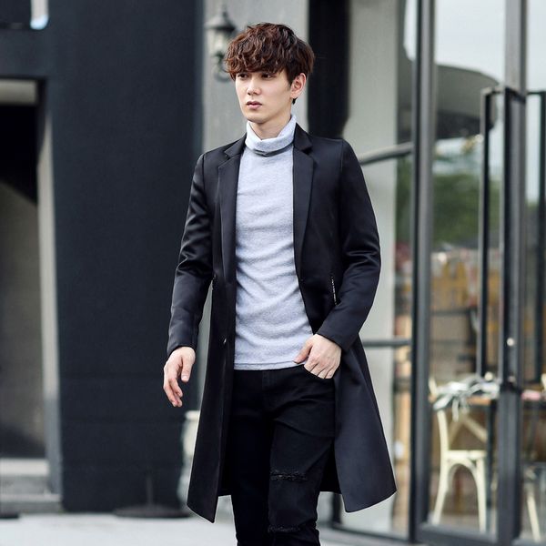 

2017 autumn winter men's fashion casual single breasted men's long blazers trench coat jacket pea coat overcoat british style, White;black