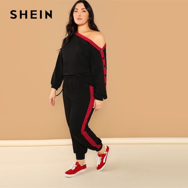 

shein plus black asymmetric shoulder buttoned sleeve sweatshirt pants set long sleeve co-ord women spring elegant twopiece, White