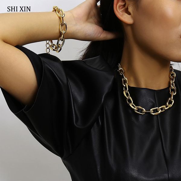 

shixin punk chunky necklace/bracelets jewelry sets vintage charms thick cuban link chain choker for women collar statement retro, Silver