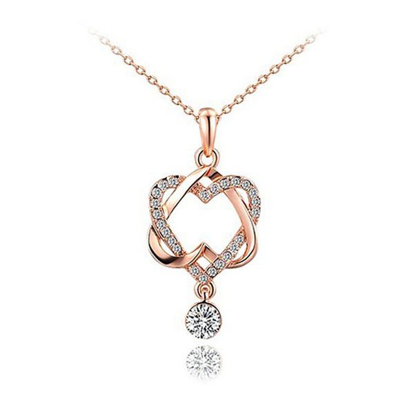 

jephne new fashion rose gold twisted rhinestone heart pendant necklace double heart charm elegant necklaces women bridal jewelry, Silver
