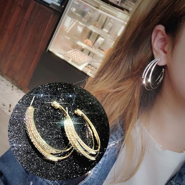 

fashion exaggerated geometric hoop earrings with rhinestone circle earring simple earrings big circle gold color loop earrings for women, Golden;silver